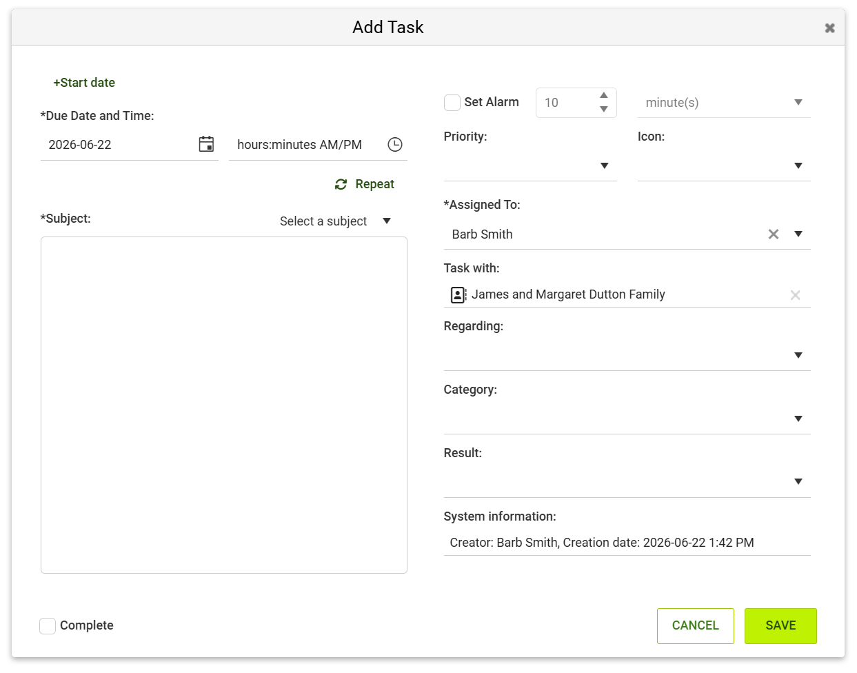 Task dialog with Start Date off by default