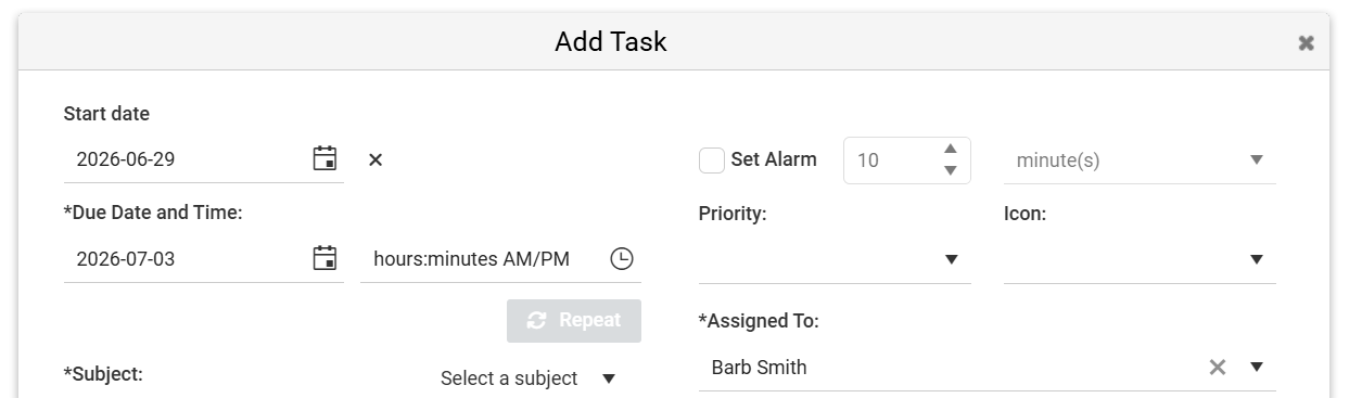 The +Start Date button revealing the date field