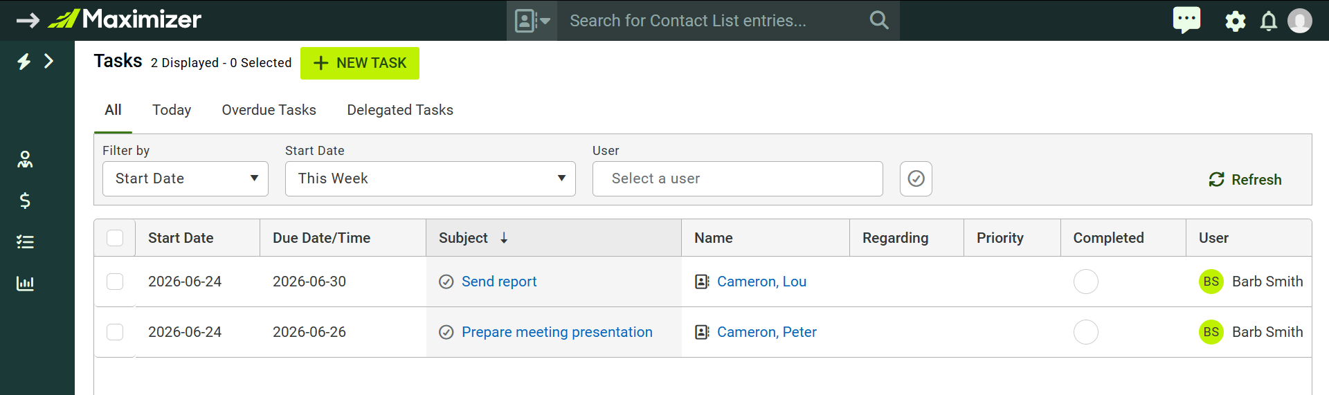 Filtering by Start Date or Due Date on the Tasks screen