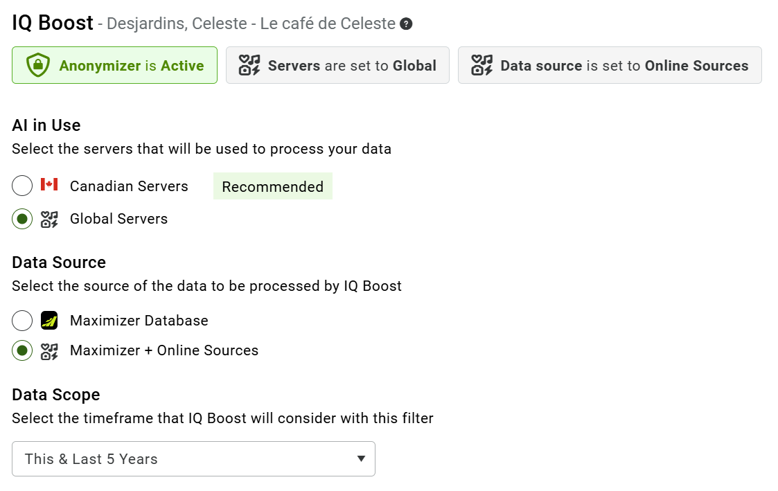 Global Server and Online Source options in the IQ Boost Security Center