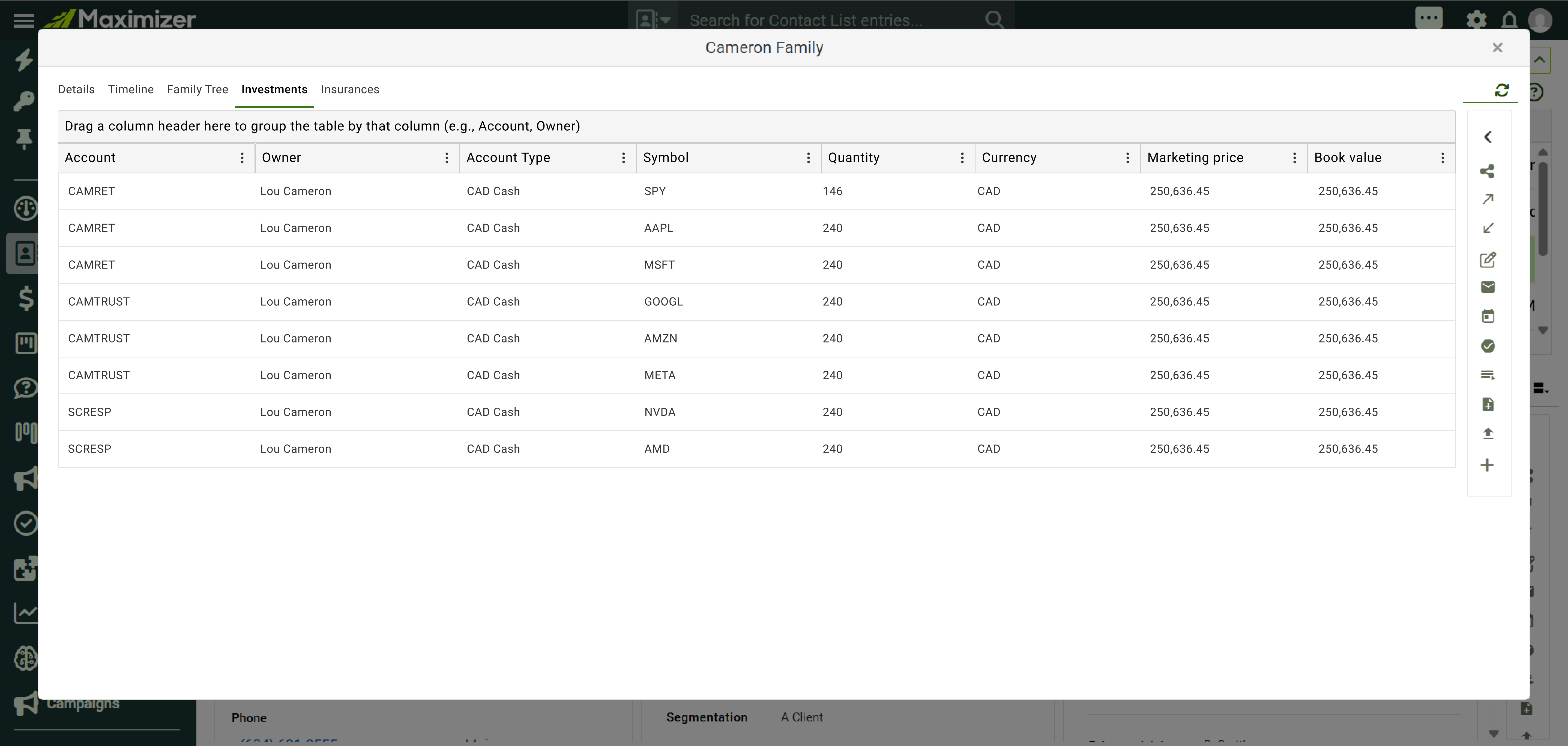 Drilling into a household's portfolio within the Investments module