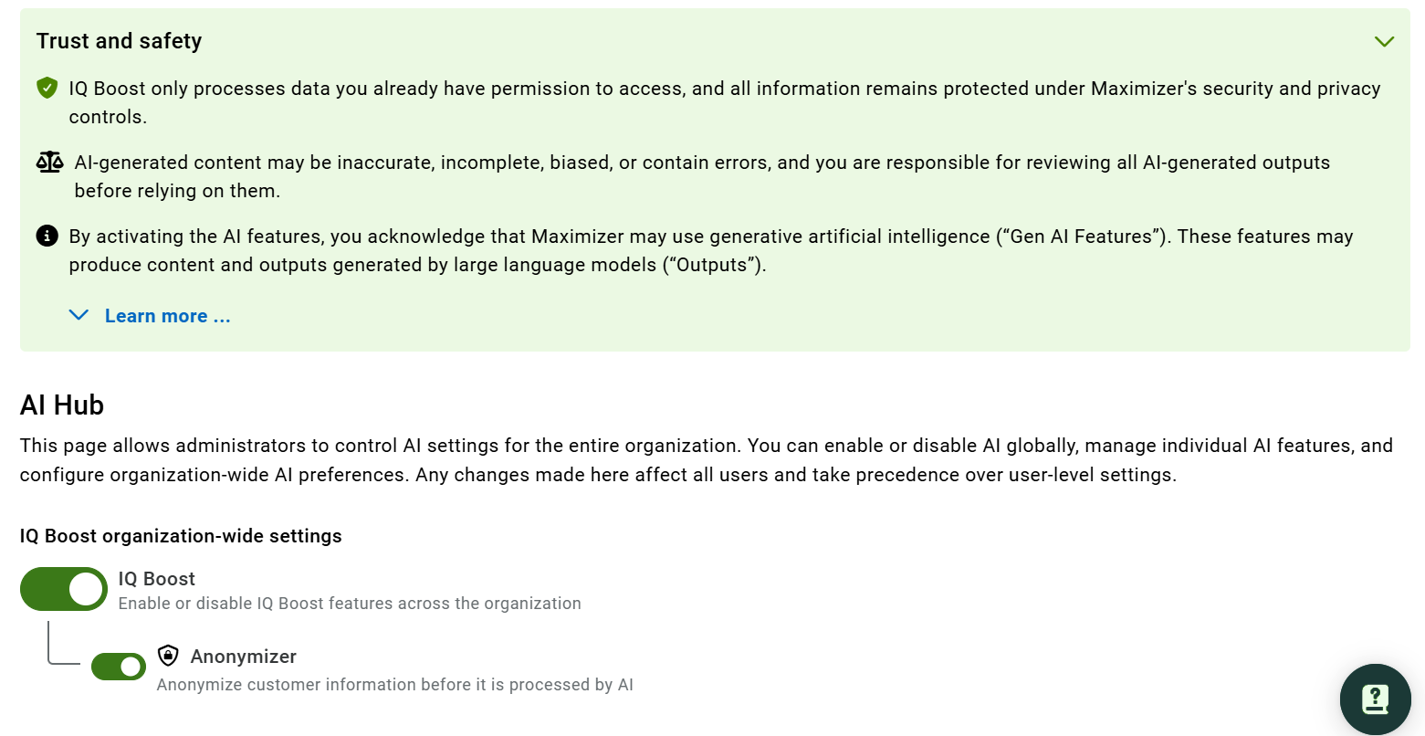 Anonymizer toggle in AI Hub