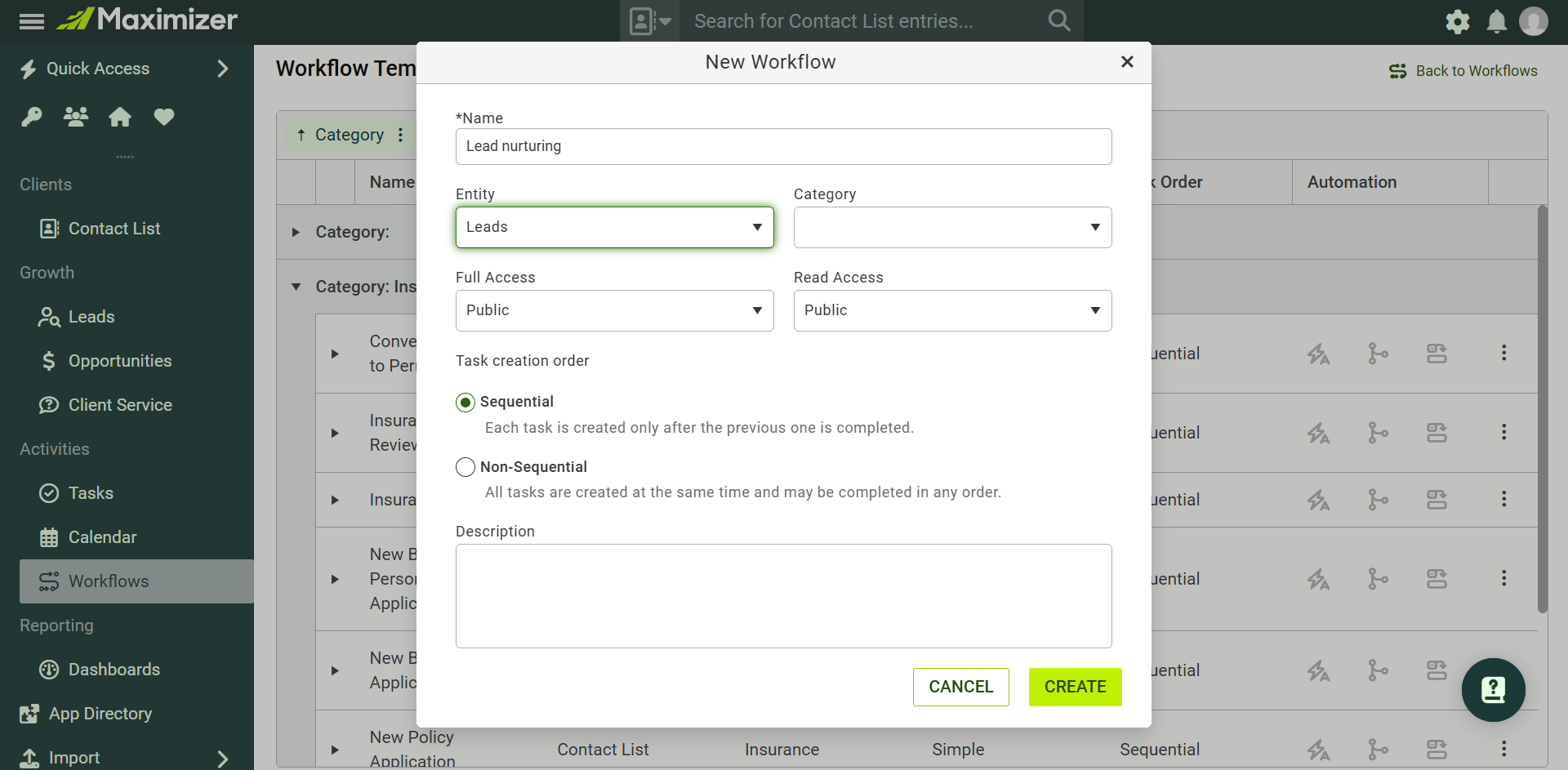 Entity selection when creating a new workflow template