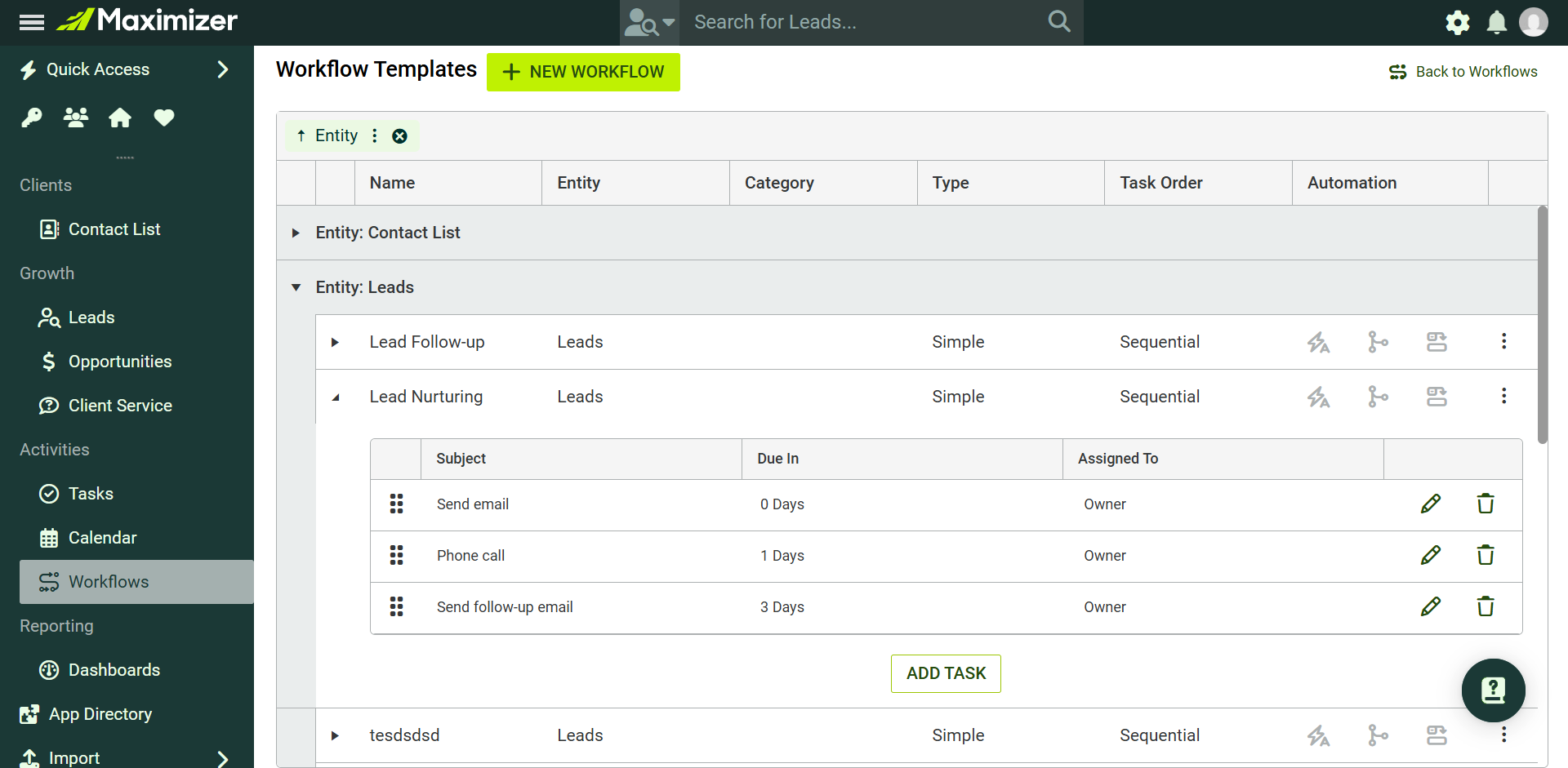 Workflow Templates screen grouped by entity type