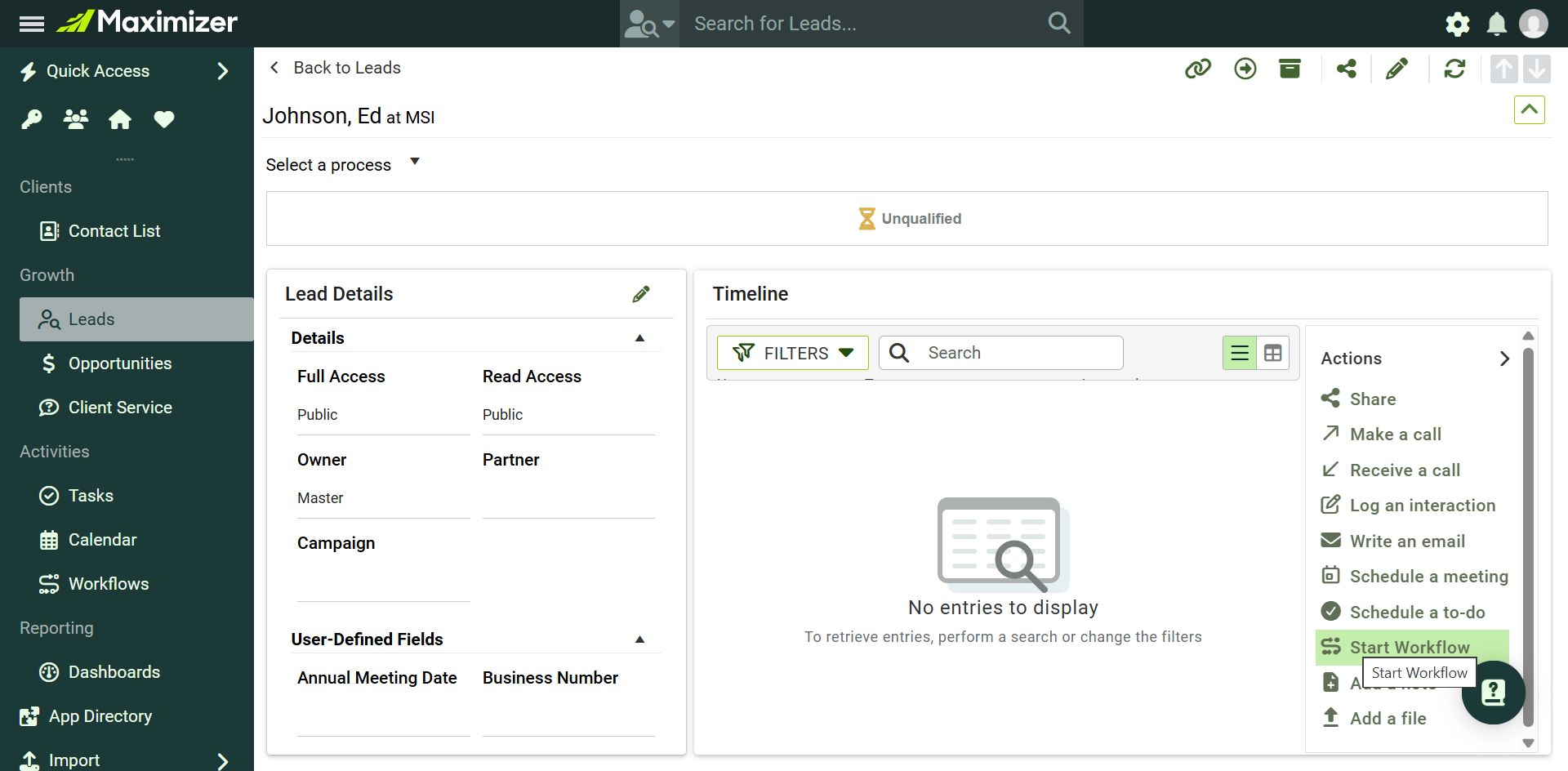 Start Workflow action in the Lead Details screen