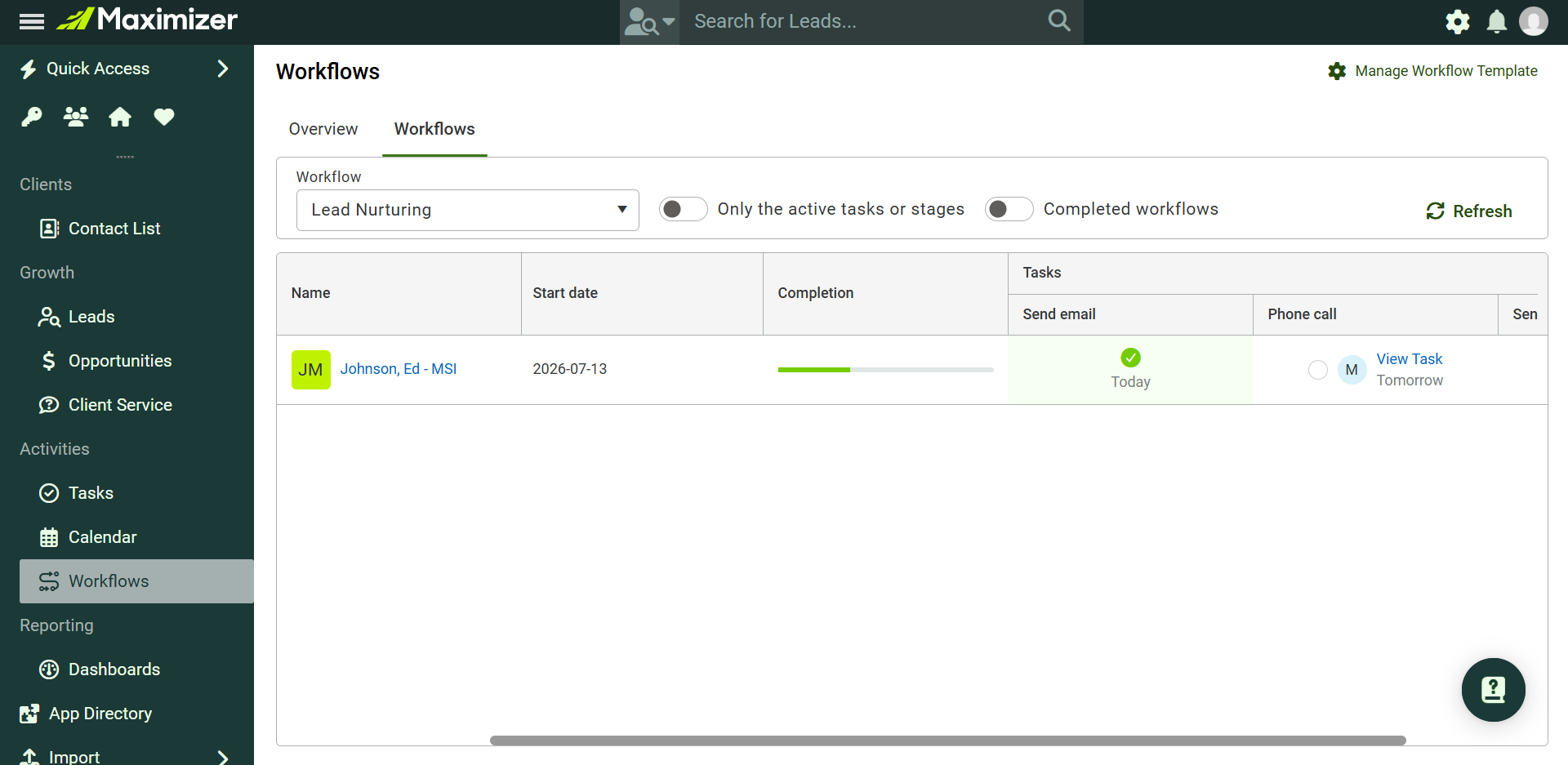 Workflow tasks for a lead in the Workflows screen
