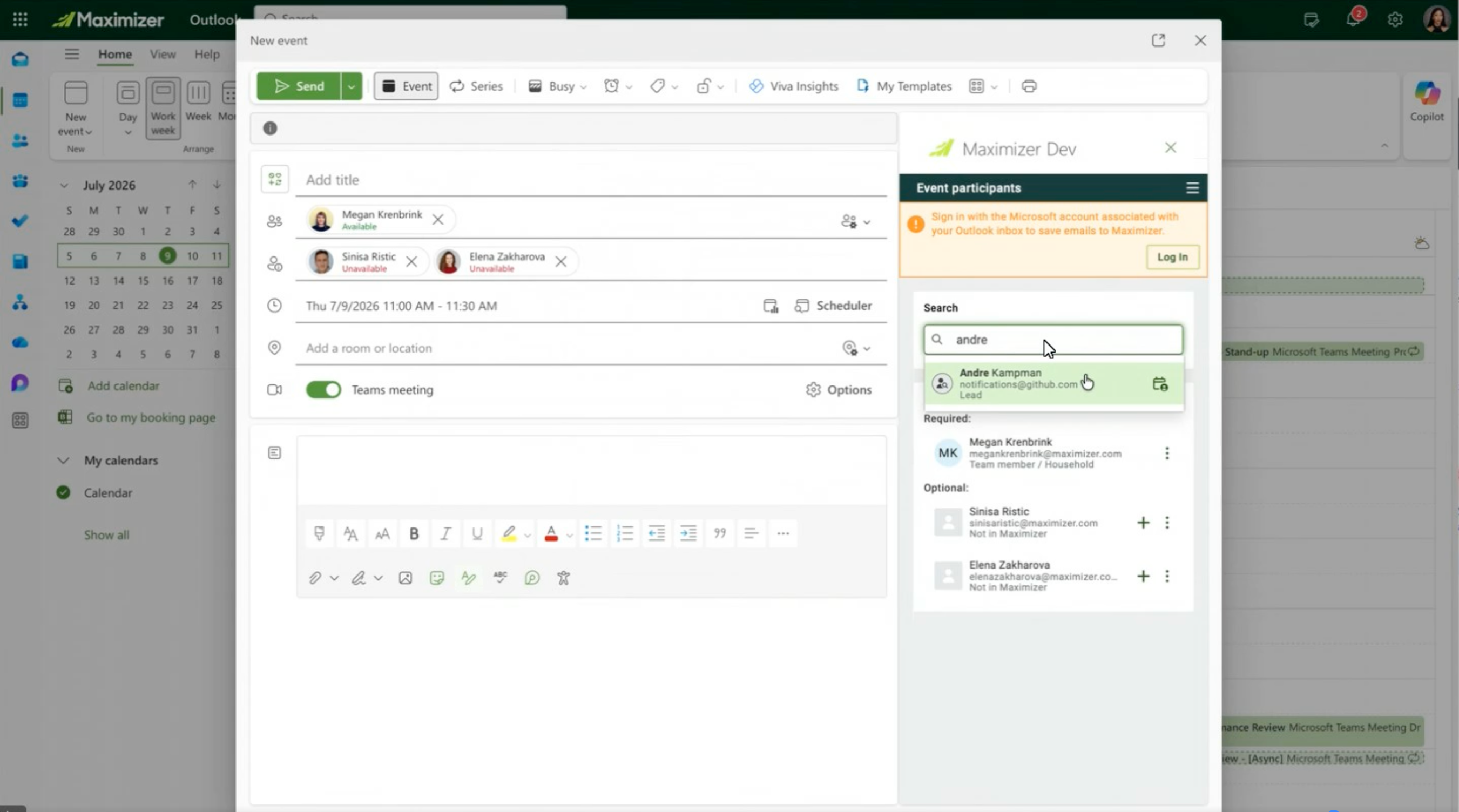 Maximizer attendee search in a new Outlook Calendar event
