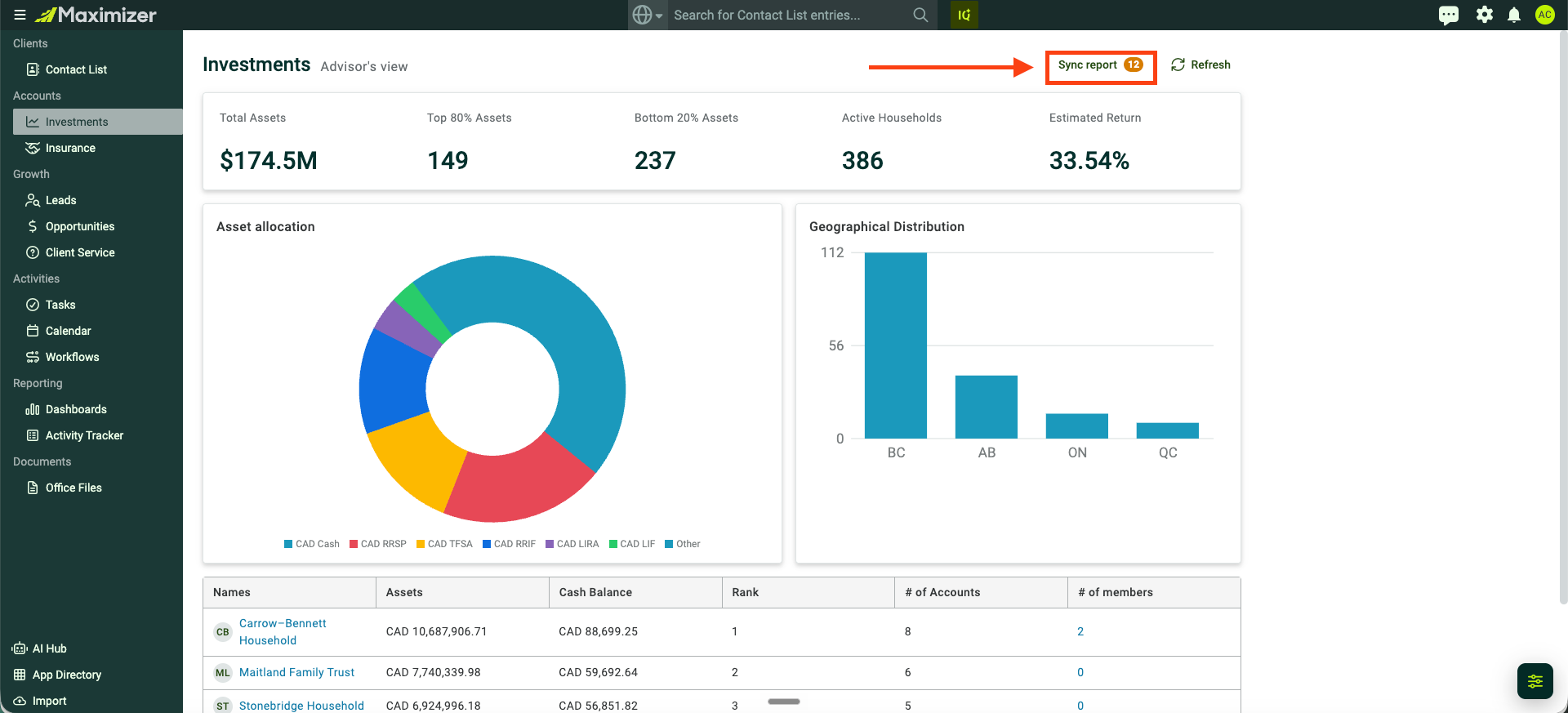 Sync report button in the Investments Dashboard