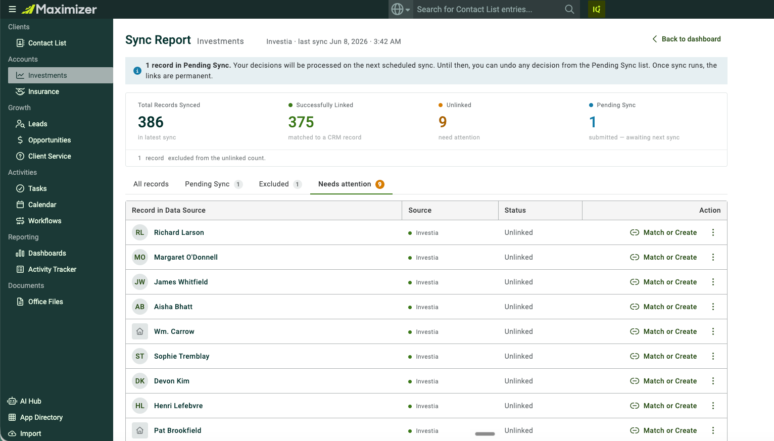 Sync Report summary and the records that need attention