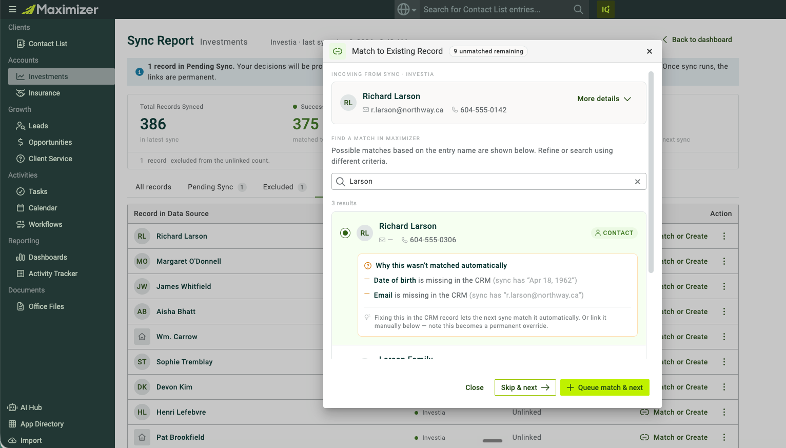 Match to Existing Record dialog showing why a record was not matched