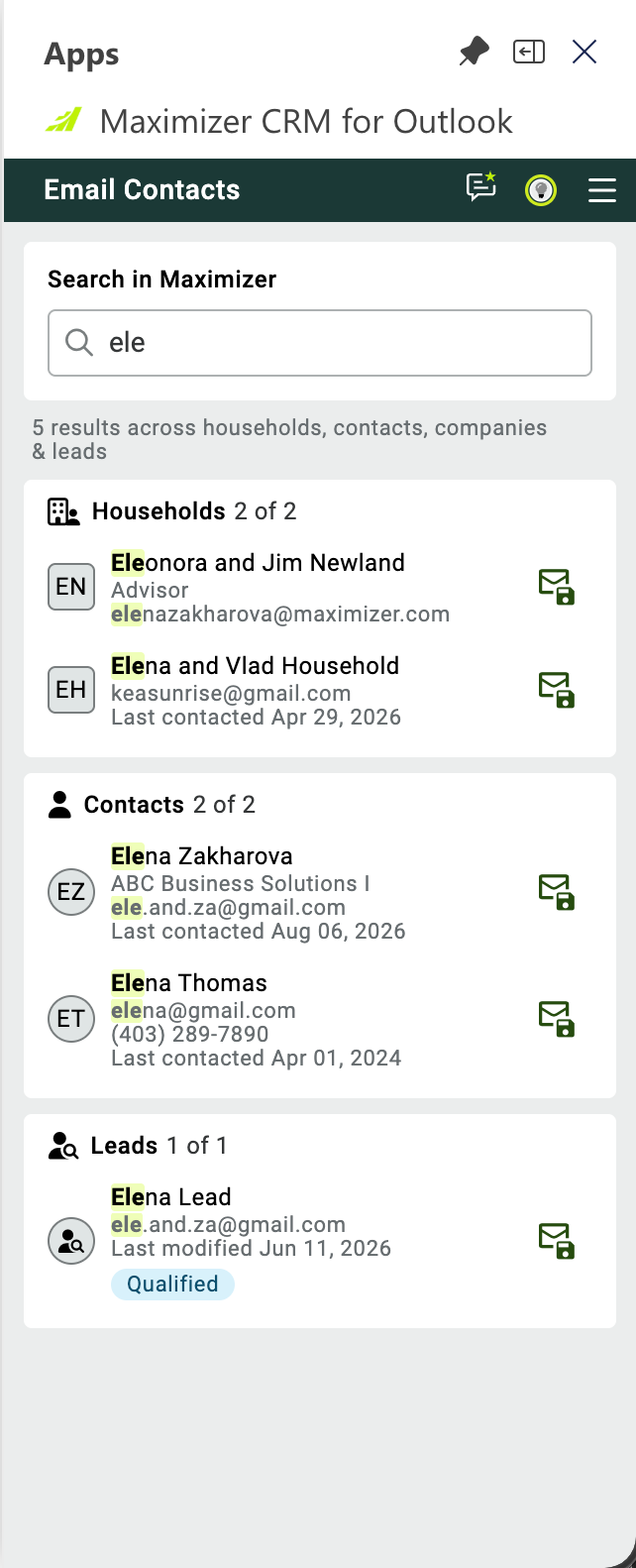Outlook add-in search results grouped by households, contacts, companies, and leads