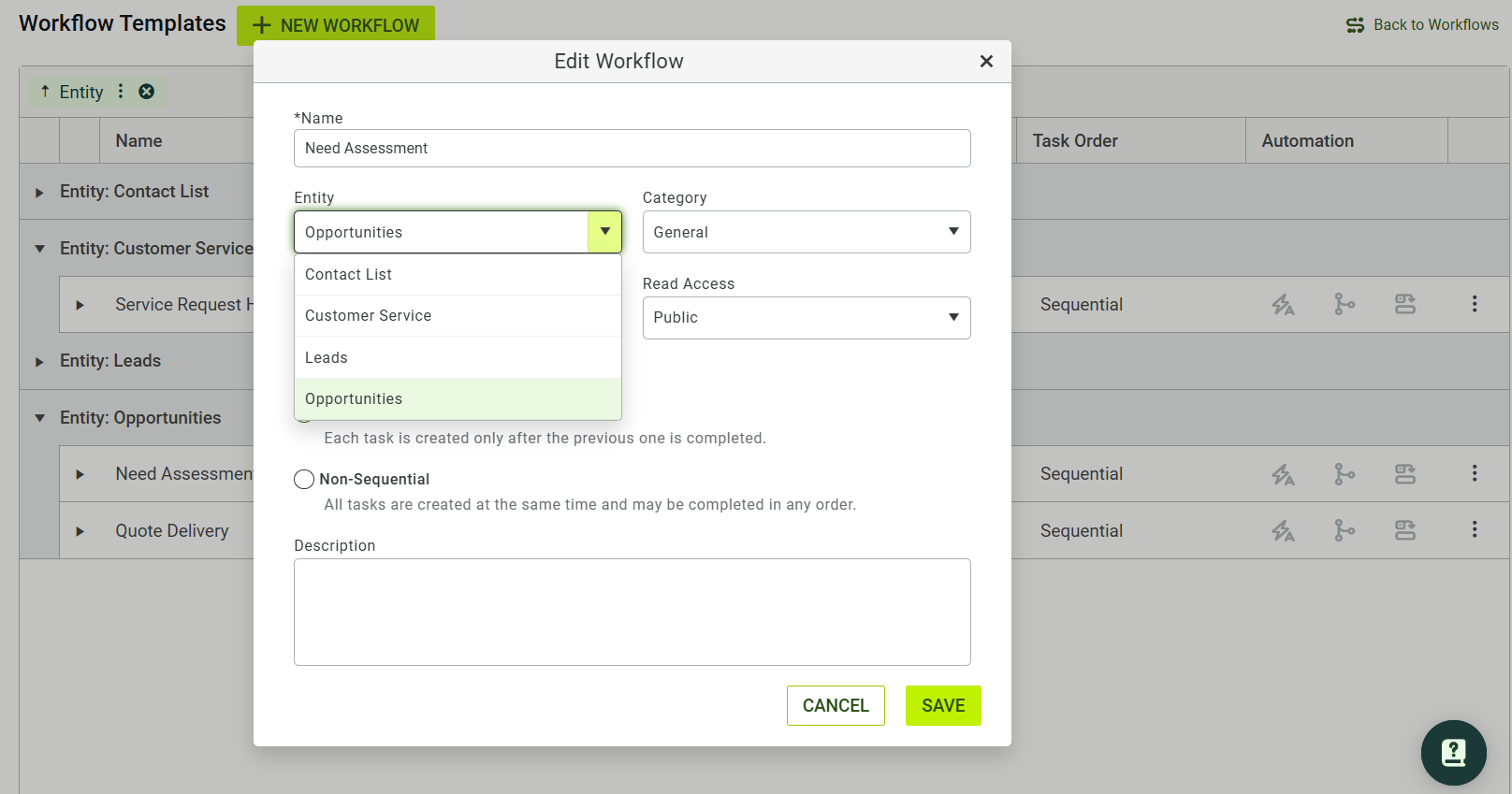 Edit Workflow dialog with Opportunities selected in the Entity field
