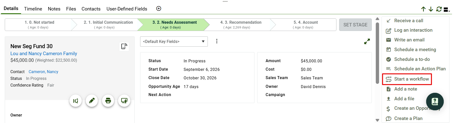 Start a workflow option in the opportunity Action panel