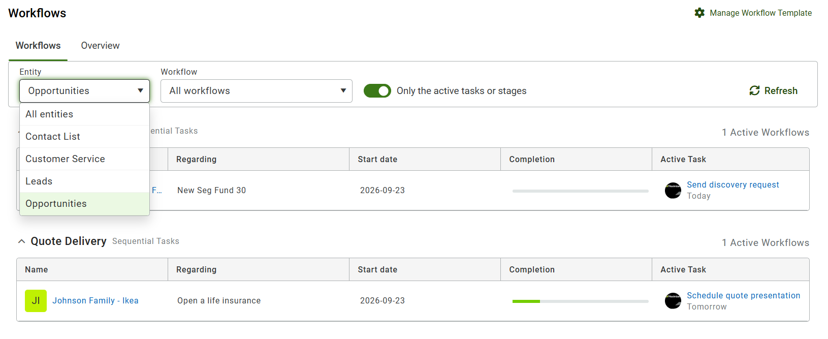 Workflows screen with the Entity filter set to Opportunities