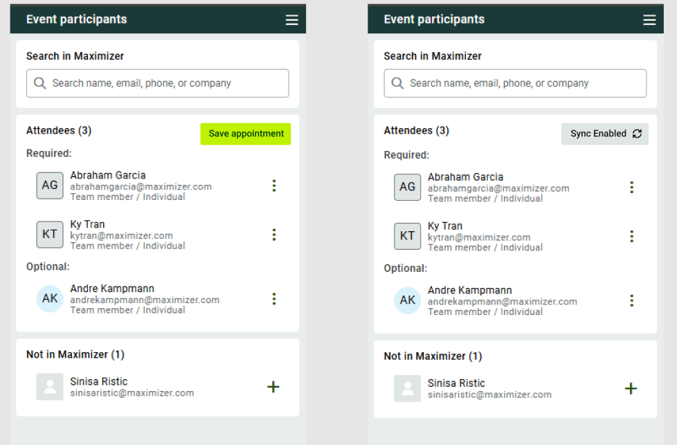 Outlook add-in event panel showing the Save appointment button and the Sync Enabled state