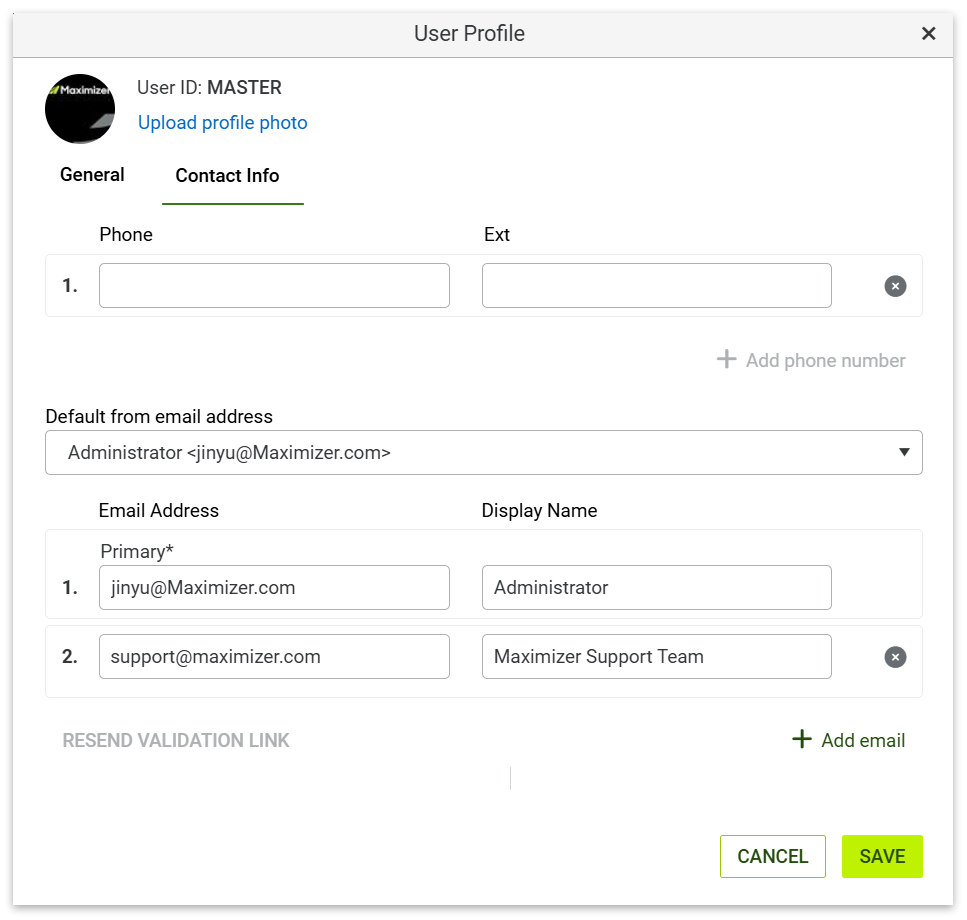 User Profile Contact Info tab with a shared support address added as Email 2